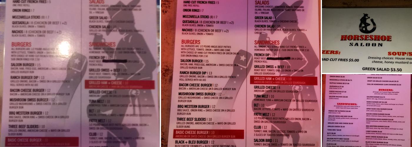 Horseshoe Saloon Menu