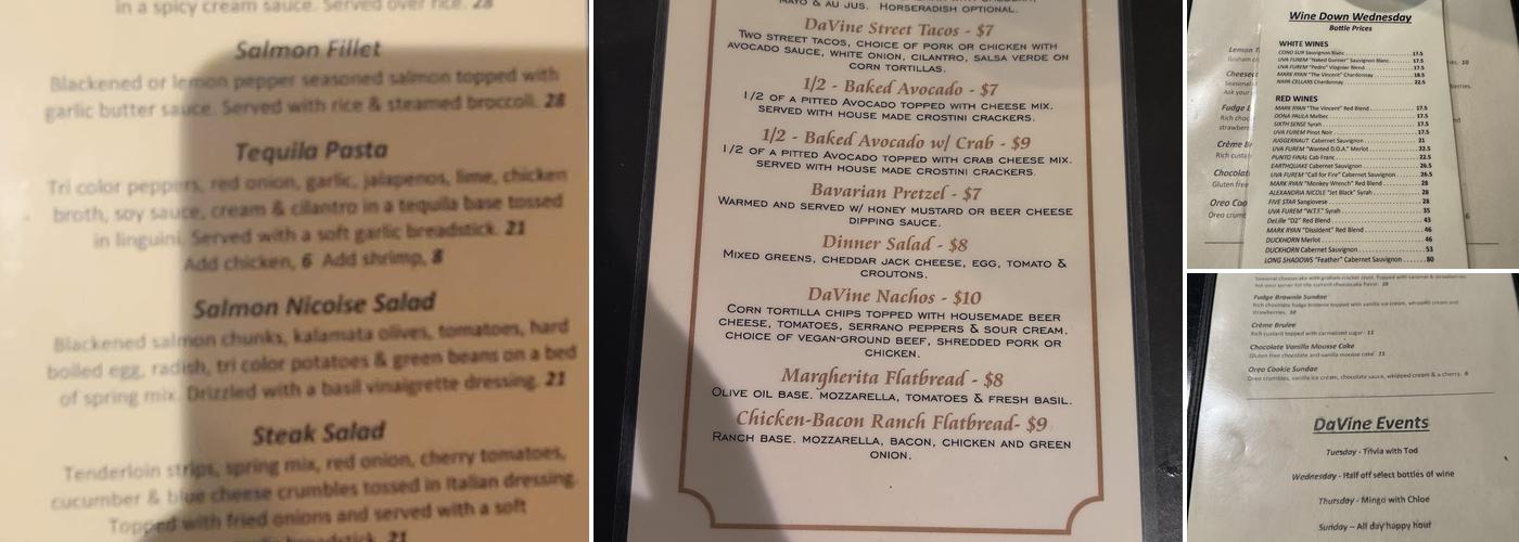 DaVine Whiskey & Wine Menu