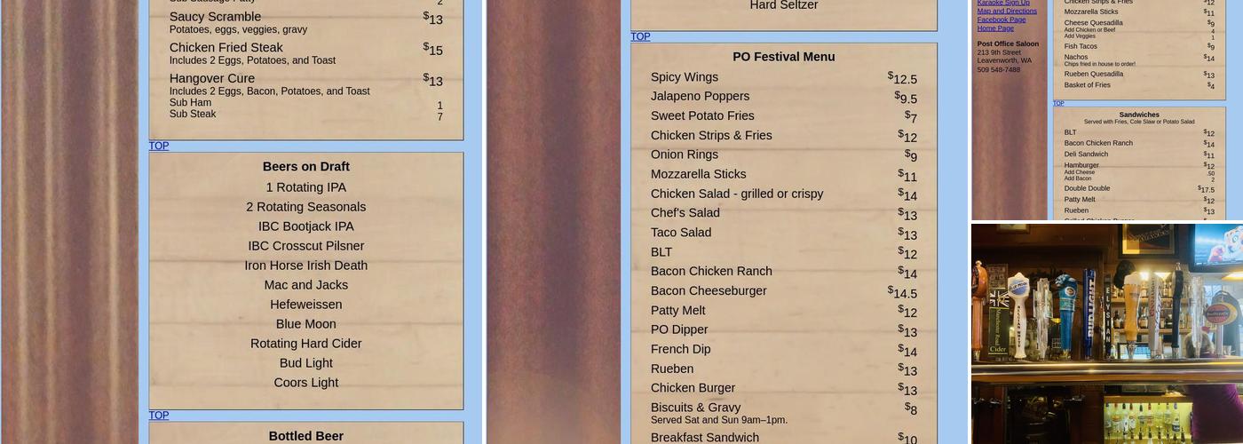 Post Office Saloon Menu
