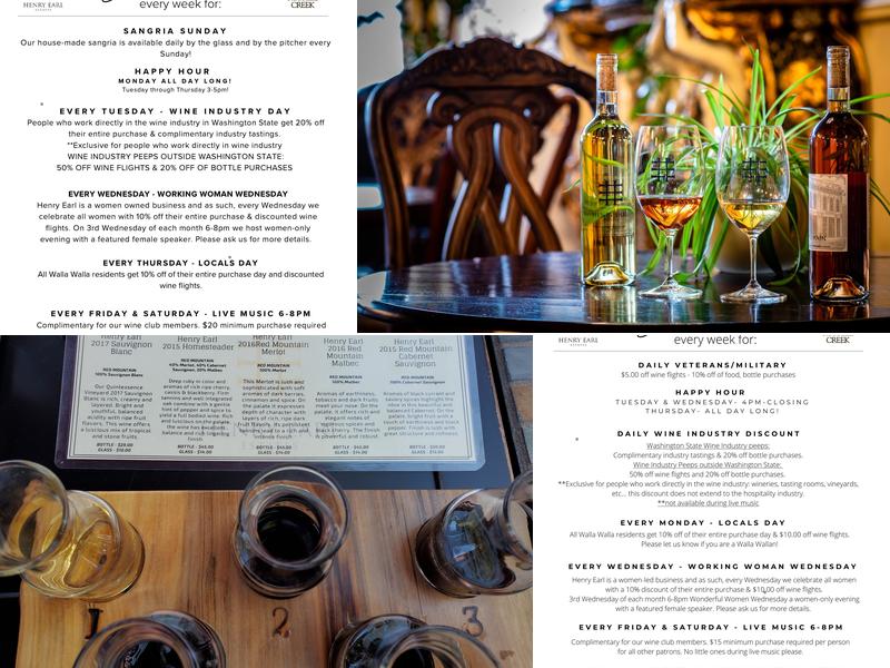 Henry Earl Estate Wines Menu