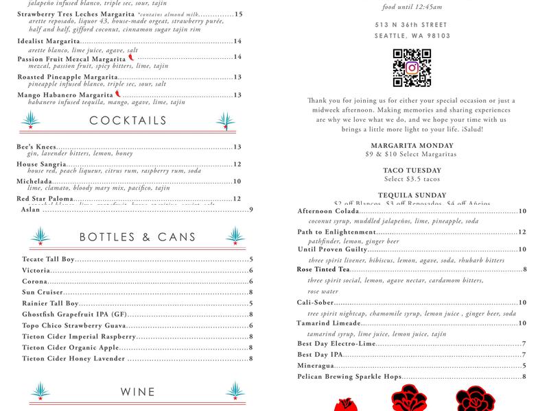 Red Star Taco Bar Menu