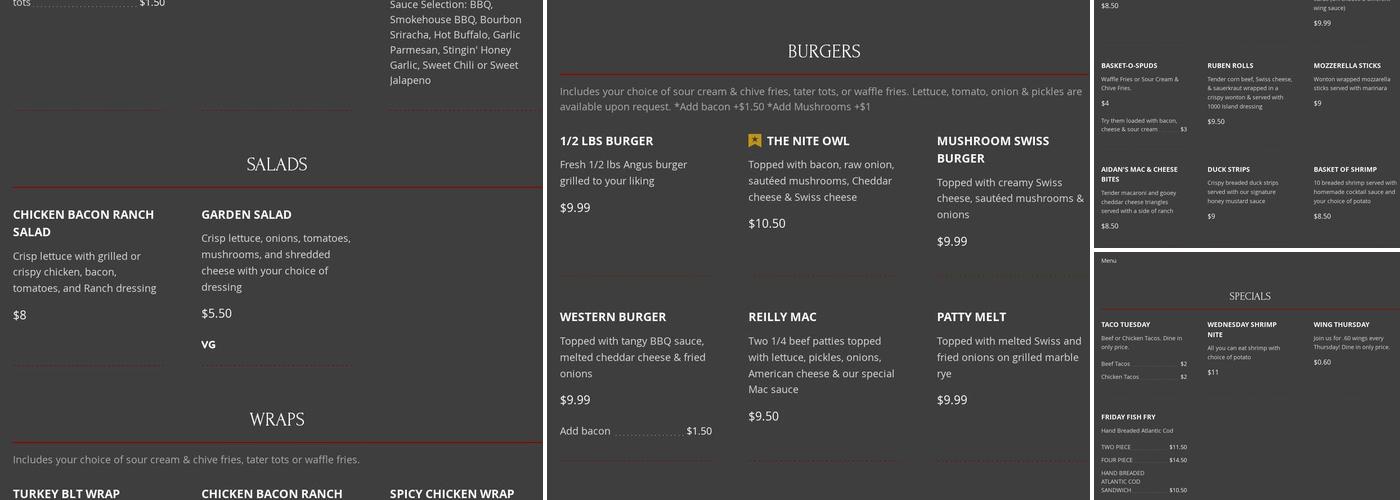 Nite Owls Tavern Menu