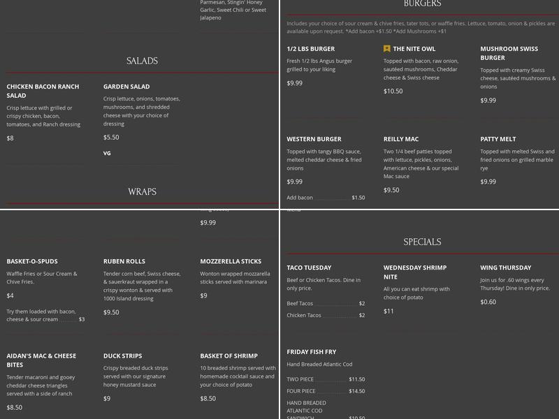 Nite Owls Tavern Menu