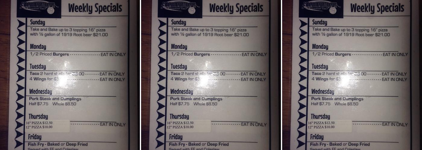 Baier's Bar Menu