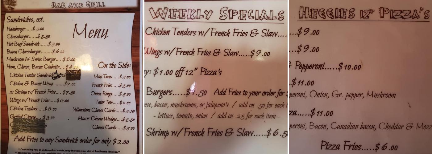 Shady Pine Menu