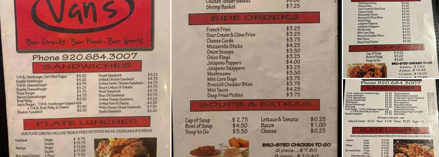 Van's Bar Menu