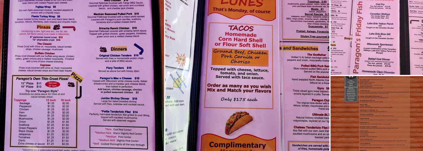 Club Paragon Menu