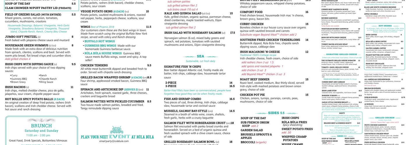 Rúla Búla Tempe Irish Pub and Restaurant Menu