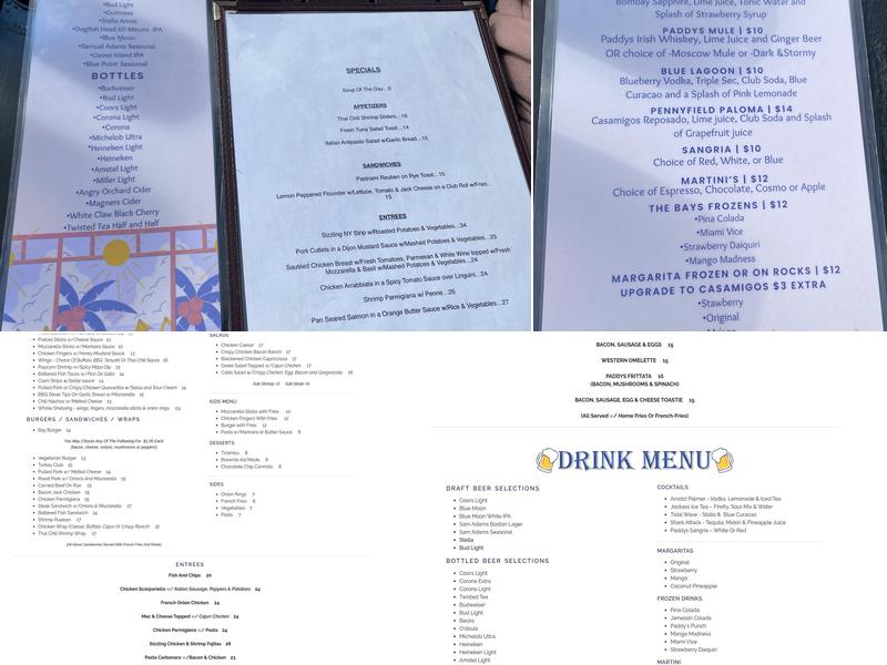 Paddys On the Bay Menu