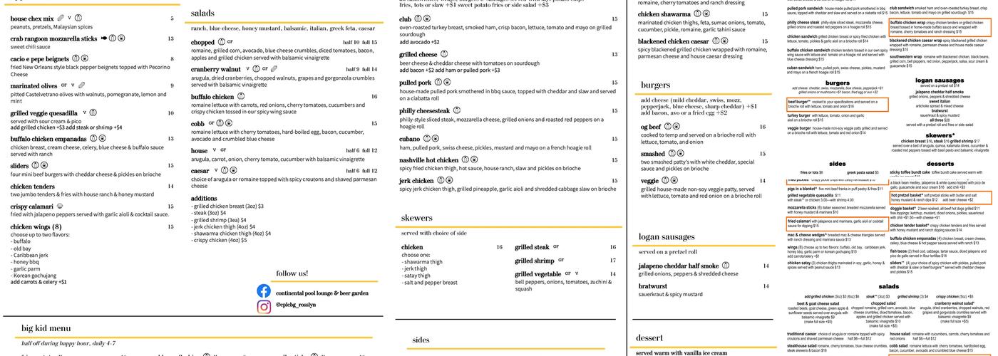 Continental Pool Lounge Menu