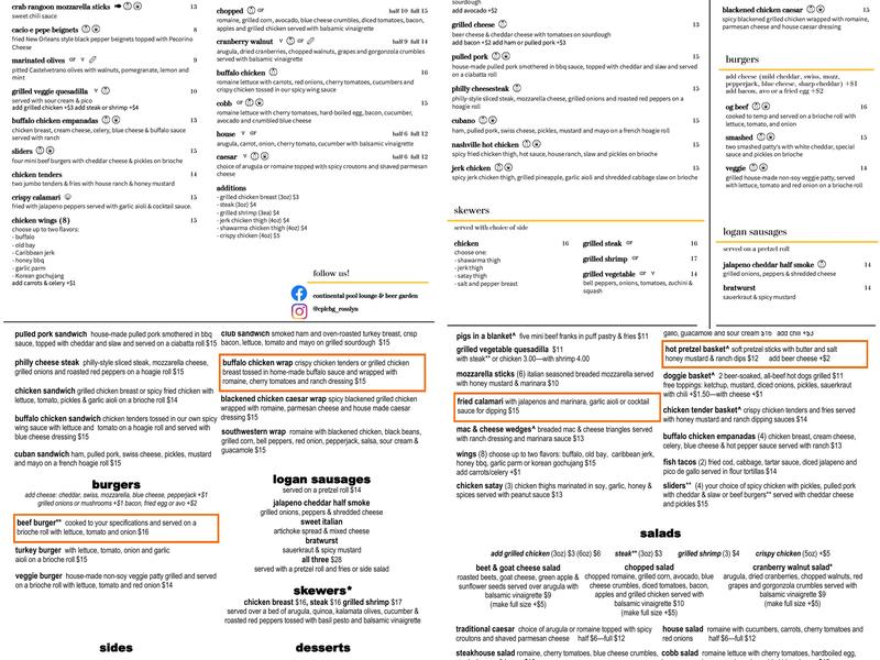 Continental Pool Lounge Menu