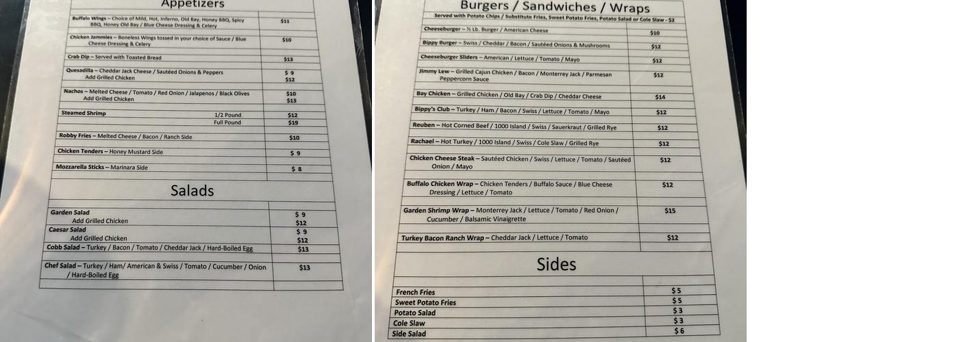 Bippy's Pub LLC Menu