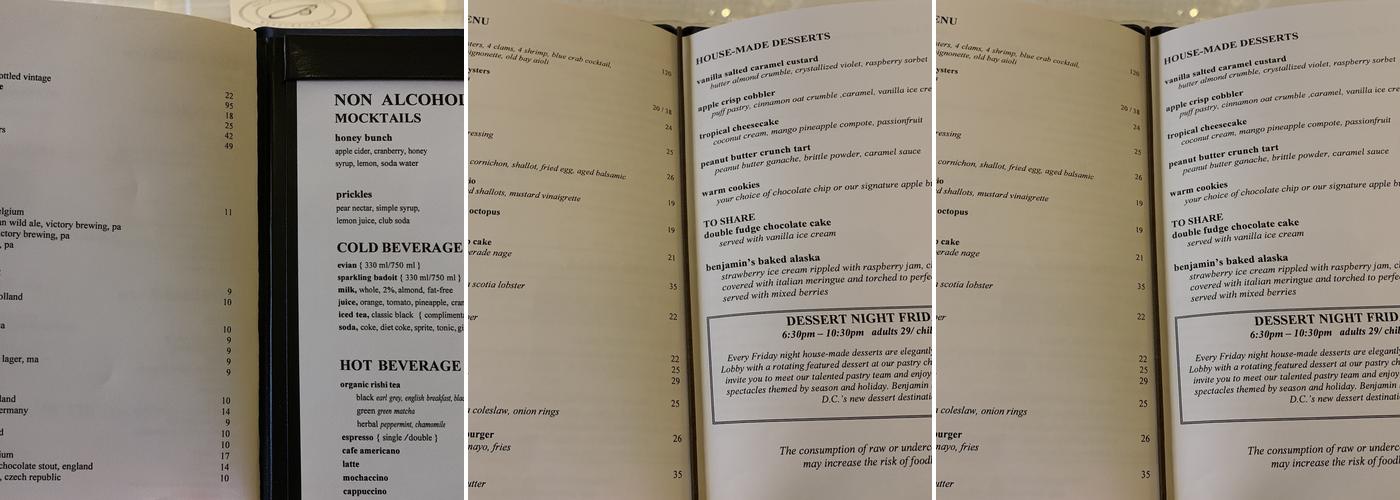 Benjamin Bar & Lounge Menu