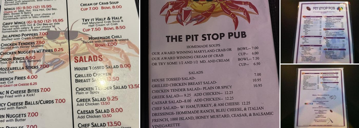 Pit Stop Pub Menu