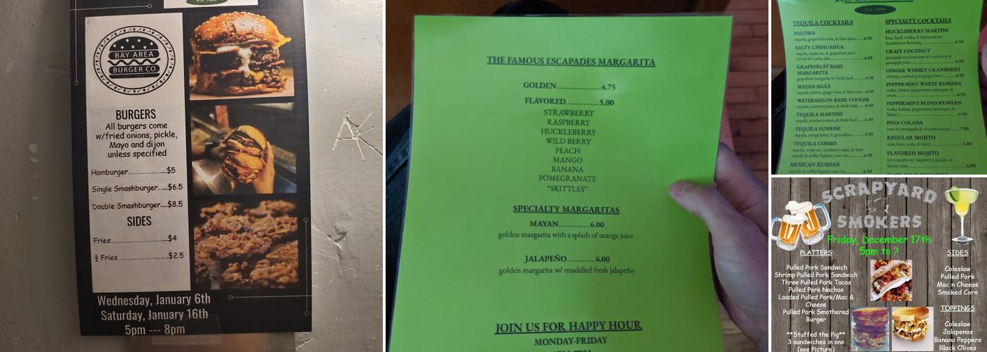 Escapades Menu