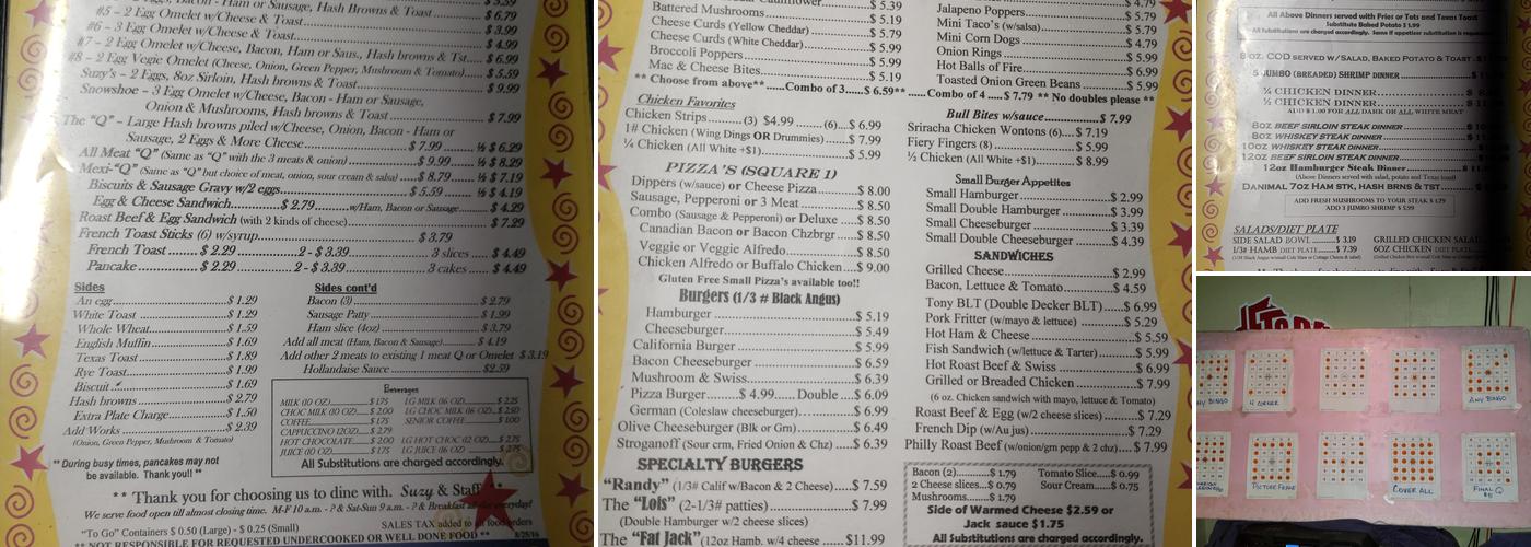 Suzy Q's Snowshoe Tavern Menu