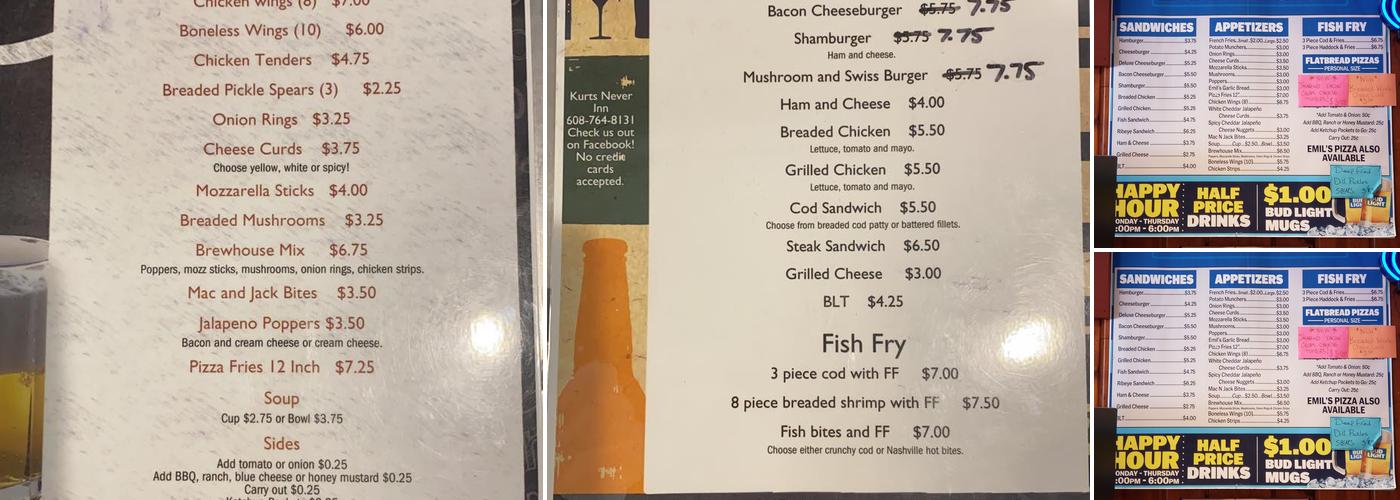 Kurt's Never Inn Menu