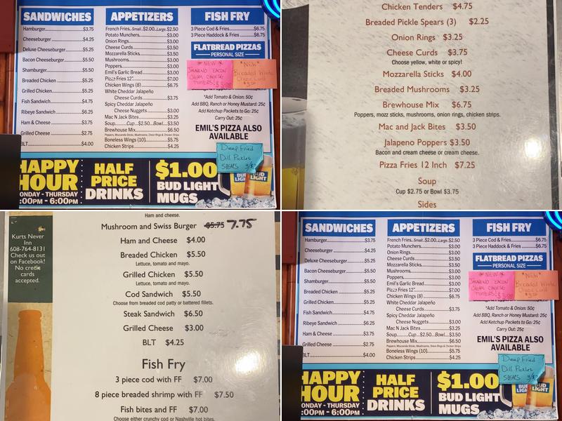 Kurt's Never Inn Menu