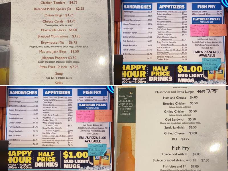 Kurt's Never Inn Menu