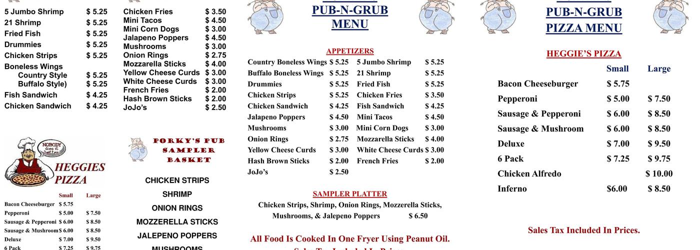 Porky's Pub Menu