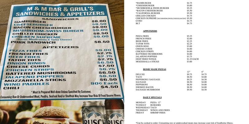 M & M Bar Menu