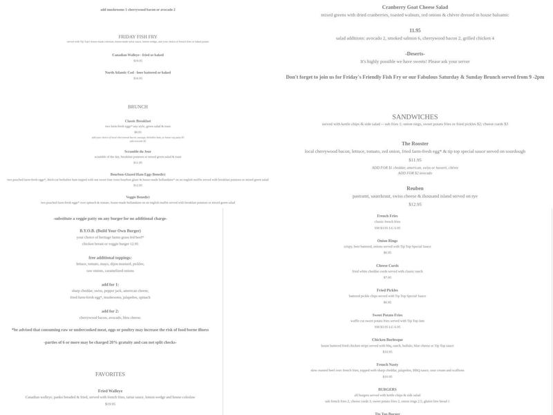 Tip Top Tavern Menu