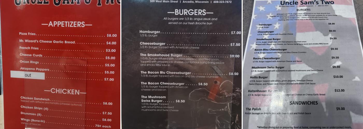 Uncle Sam's Two, Bar and grill Menu