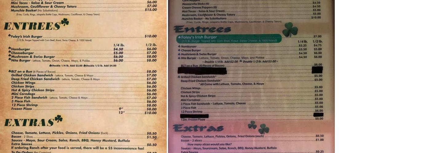 Foleys Nitabrew Menu