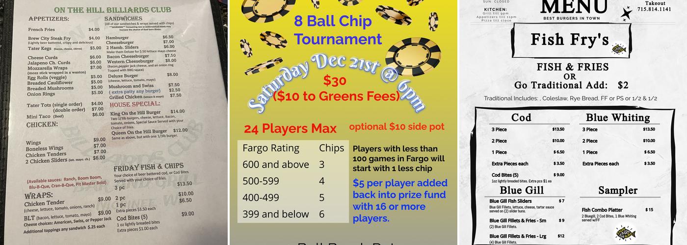 On The Hill Billiards Club Bar & Grill Menu