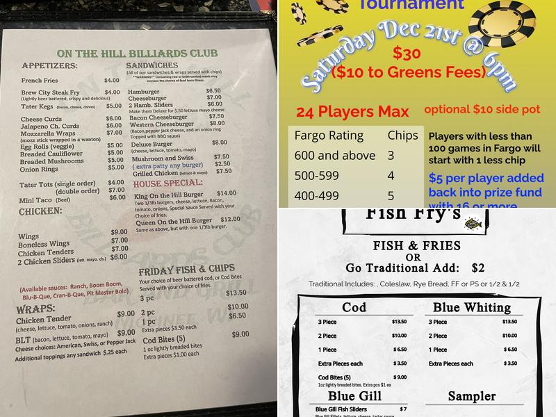 On The Hill Billiards Club Bar & Grill Menu