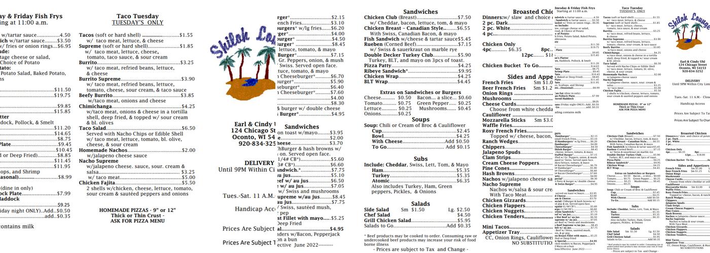 Shiloh Lounge Menu
