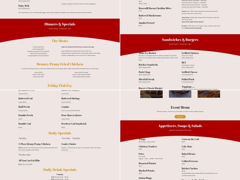 Racers Hall Menu