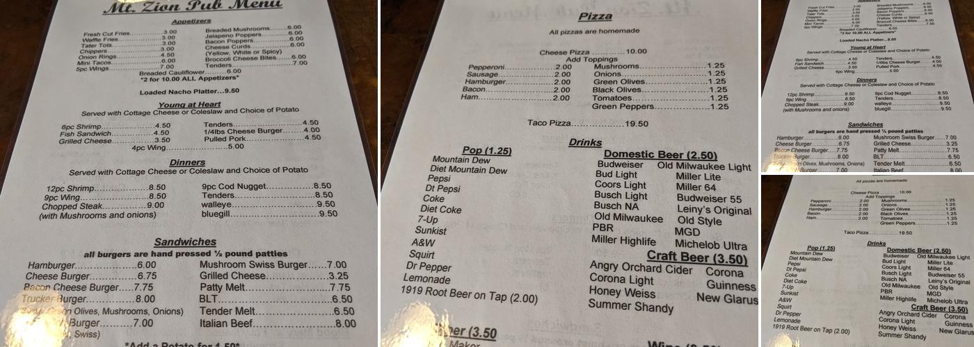 Mt. Zion Pub Menu