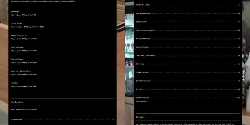 Mel's Foxx Den Menu