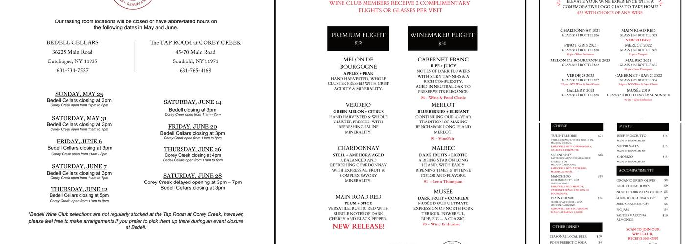 Bedell Cellars Menu