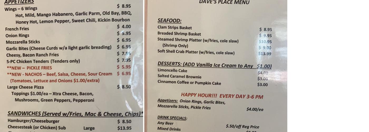 Dave's Place Menu