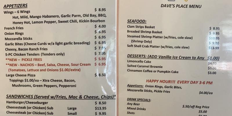 Dave's Place Menu