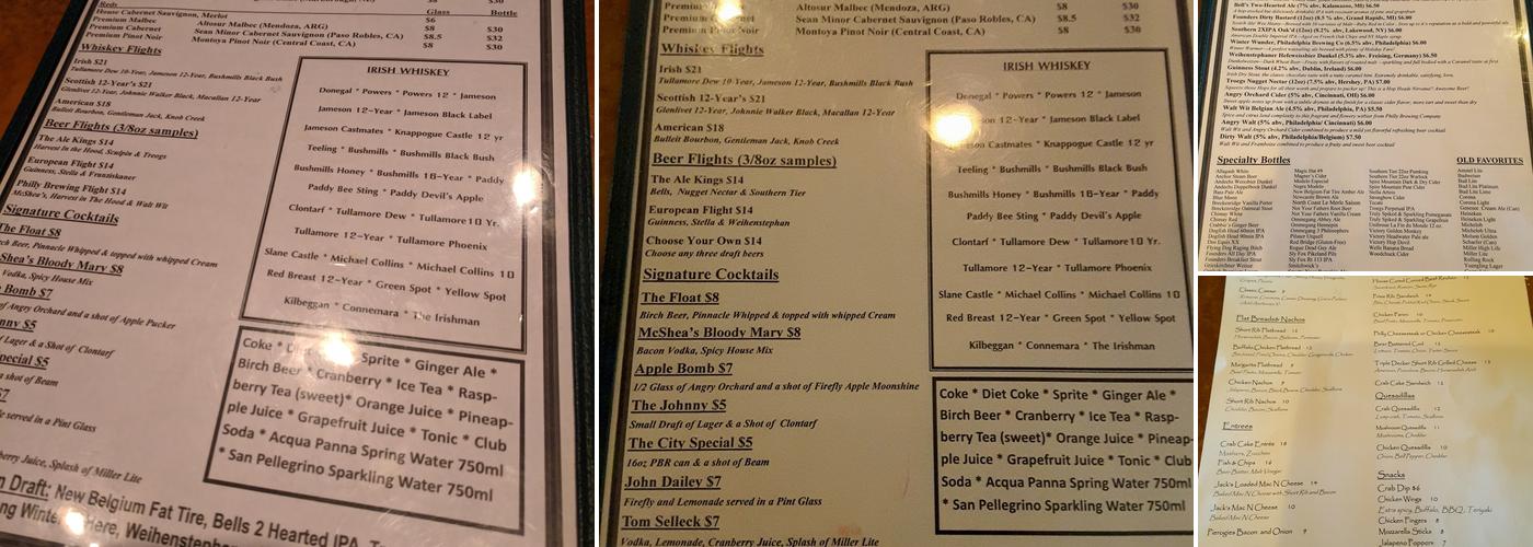 Jack McShea's Pub Menu