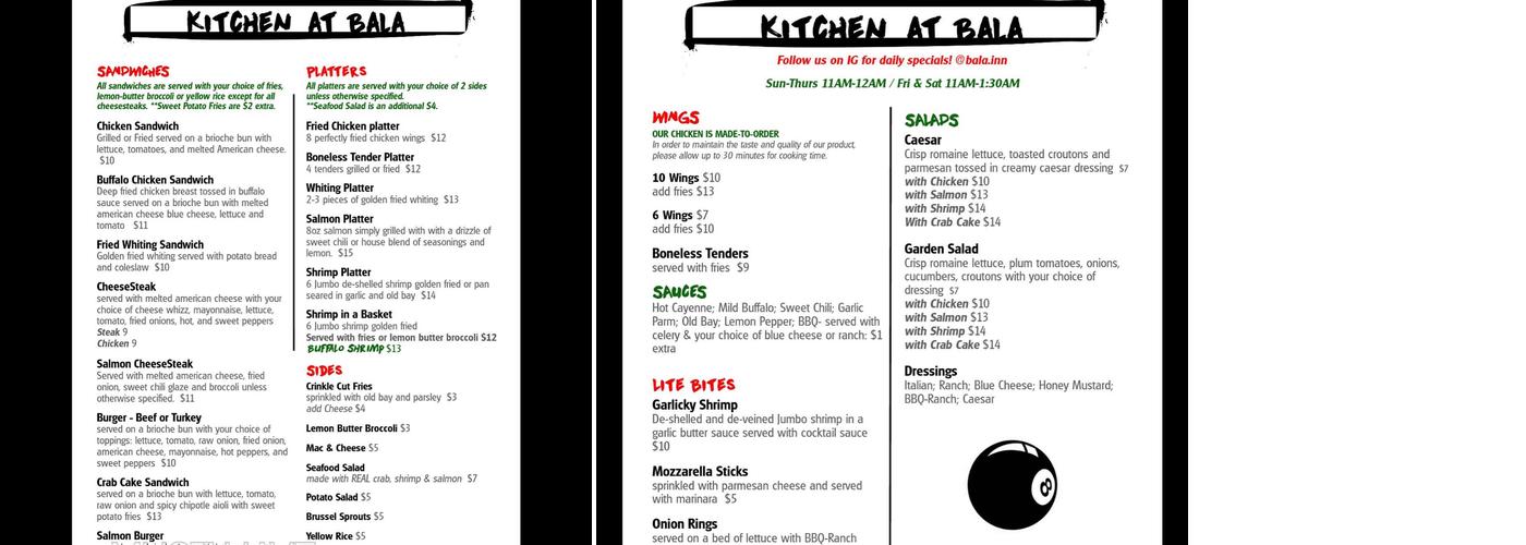 Bala Inn Menu