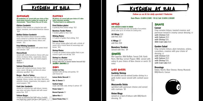 Bala Inn Menu