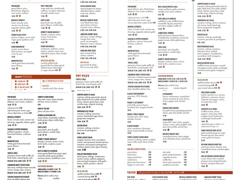 Two Stones Pub Jennersville Menu