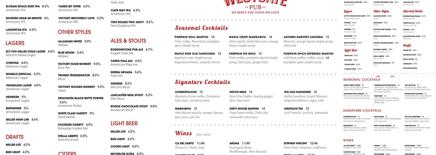 Westgate Pub Menu