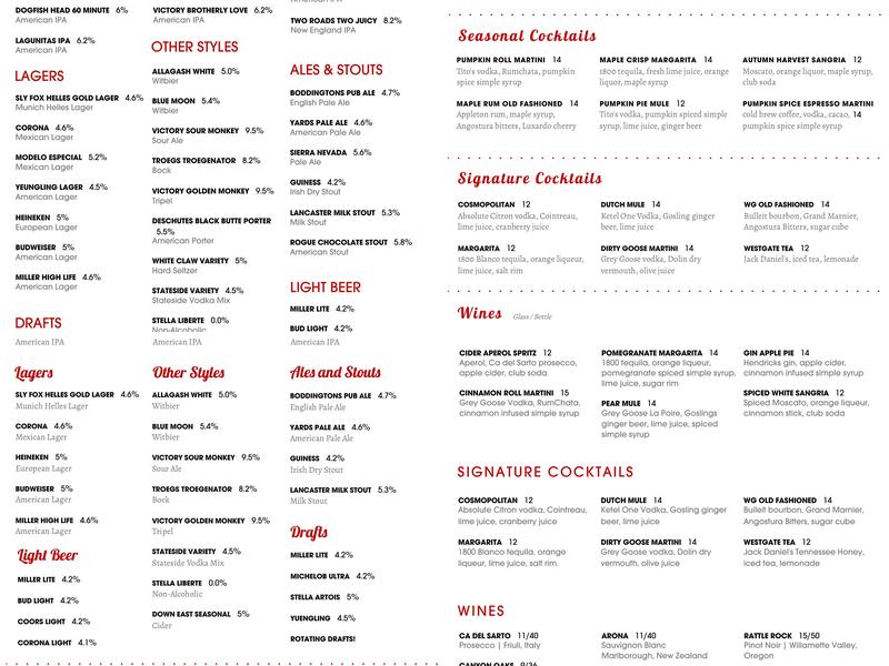 Westgate Pub Menu