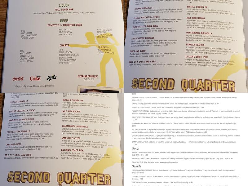 Lillian's Sports Grill Menu