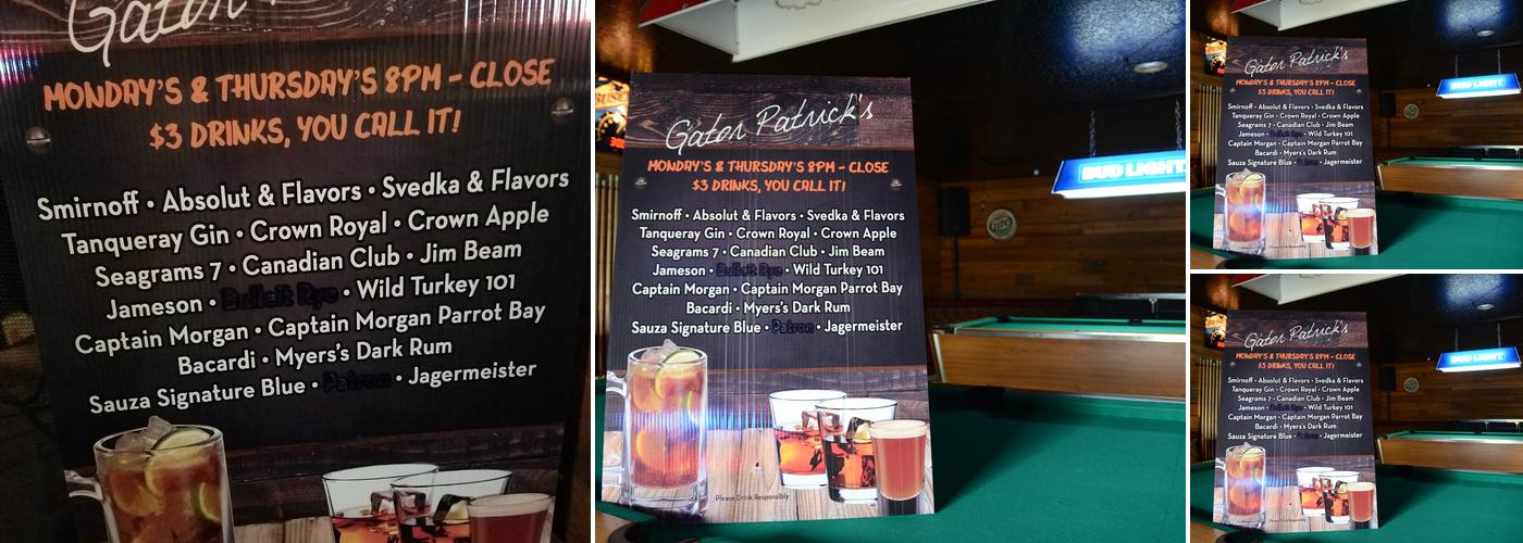 Gator Patrick's Tavern Menu