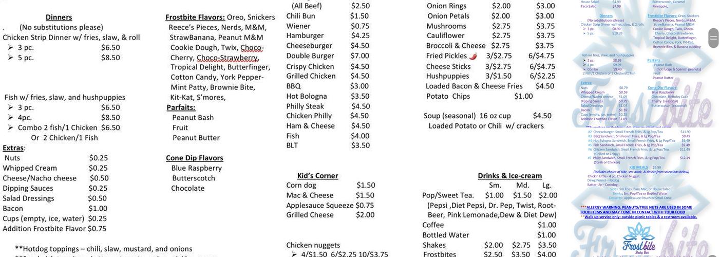 Frostbite Dairy Bar Menu