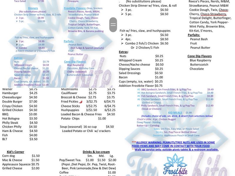 Frostbite Dairy Bar Menu