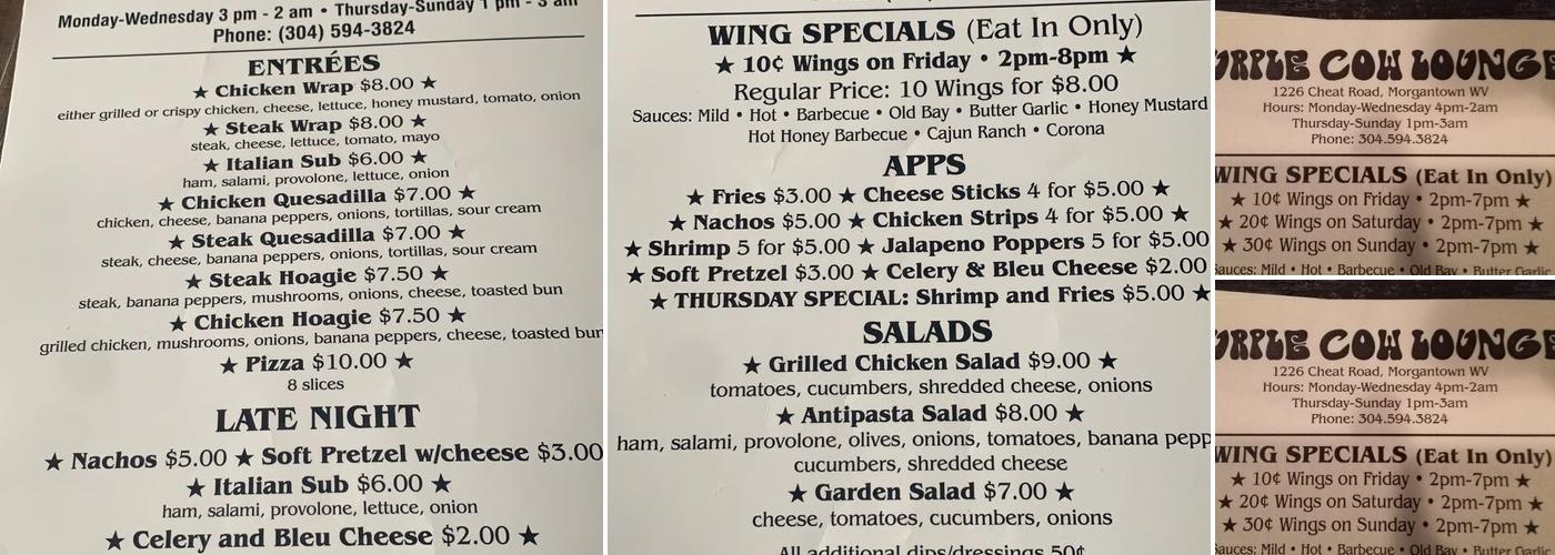 Purple Cow Lounge Menu