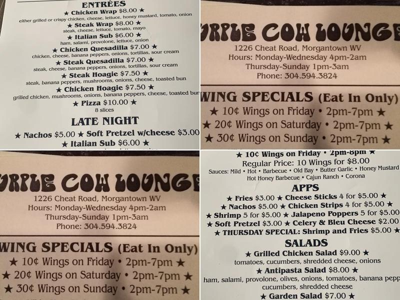 Purple Cow Lounge Menu