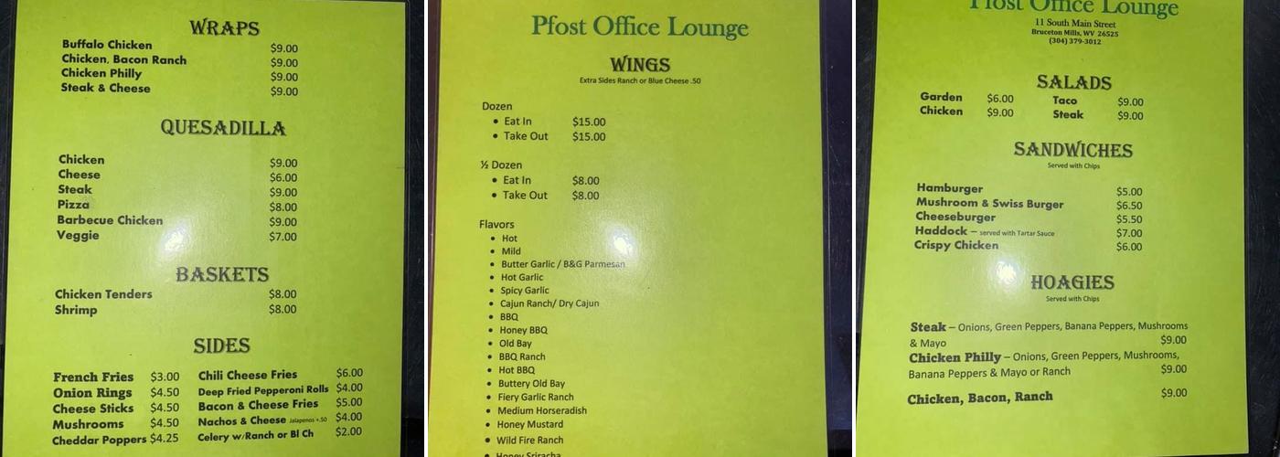 Post Office Lounge Menu